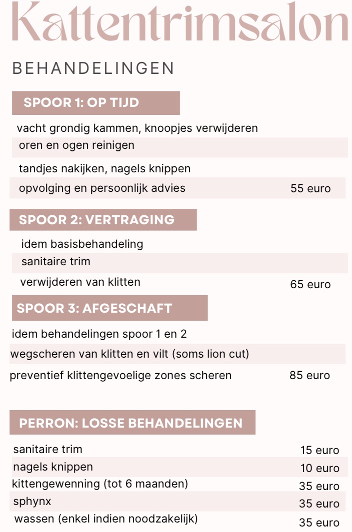 Prijslijst trimsalon Cattery 't Spoortje